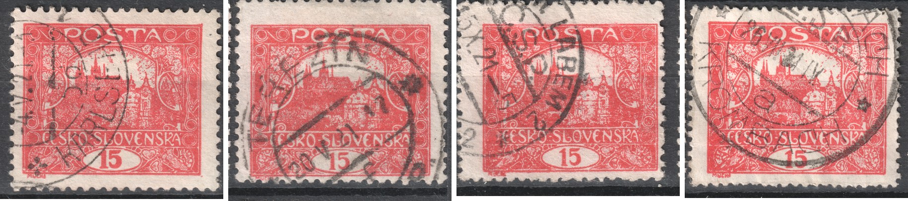 čtyři známky 15h s razítky Karlsbad 4. V. 21, Terezín 20. V. 21, Ústí n. Labem 2 X. 21 a Krombach 26. VII. 21