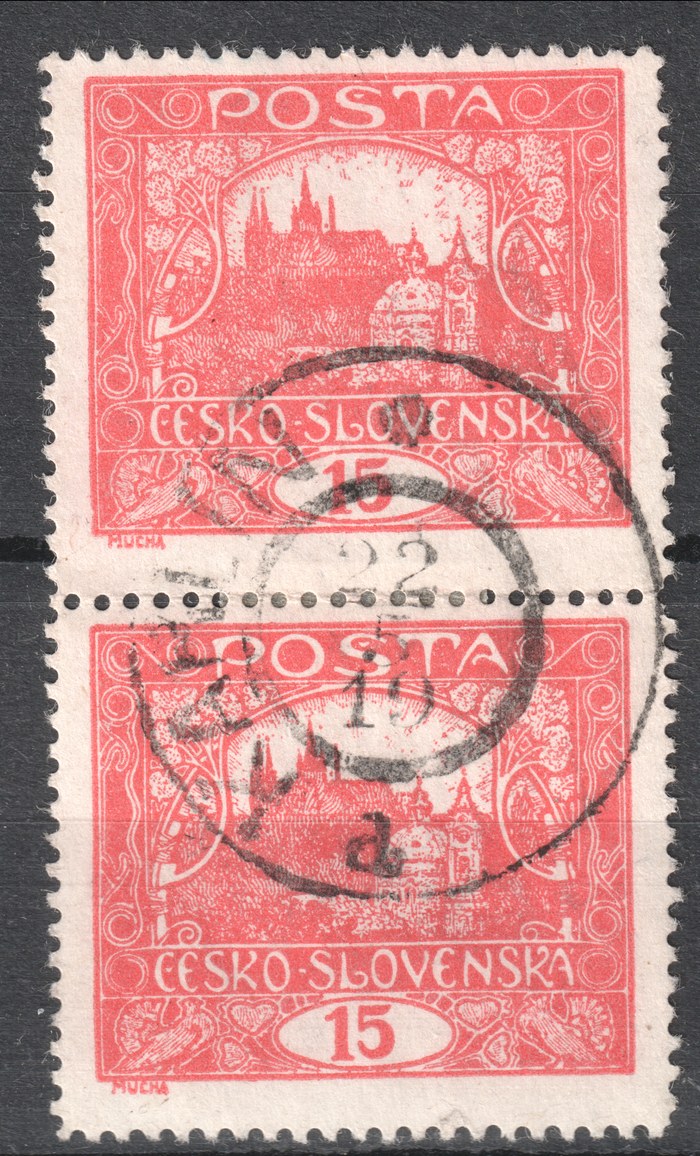 svislá dvoupáska 15h 18/28 z TD V, zoubkování C, razítko Karlín s datem 22. V. 19