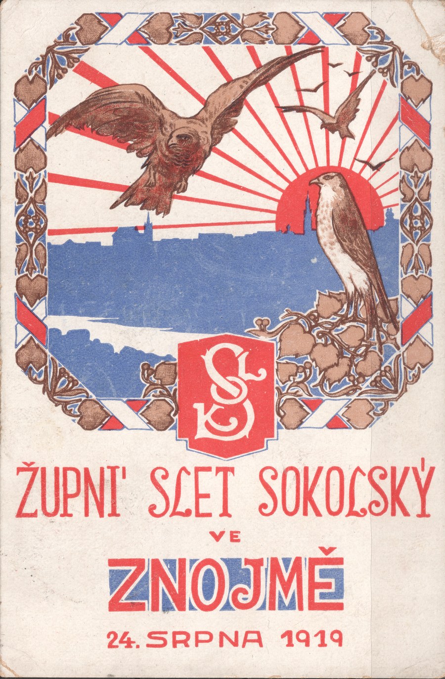 Lícní strana pohlednice — Župní slet sokolský ve Znojmě, 24. srpna 1919