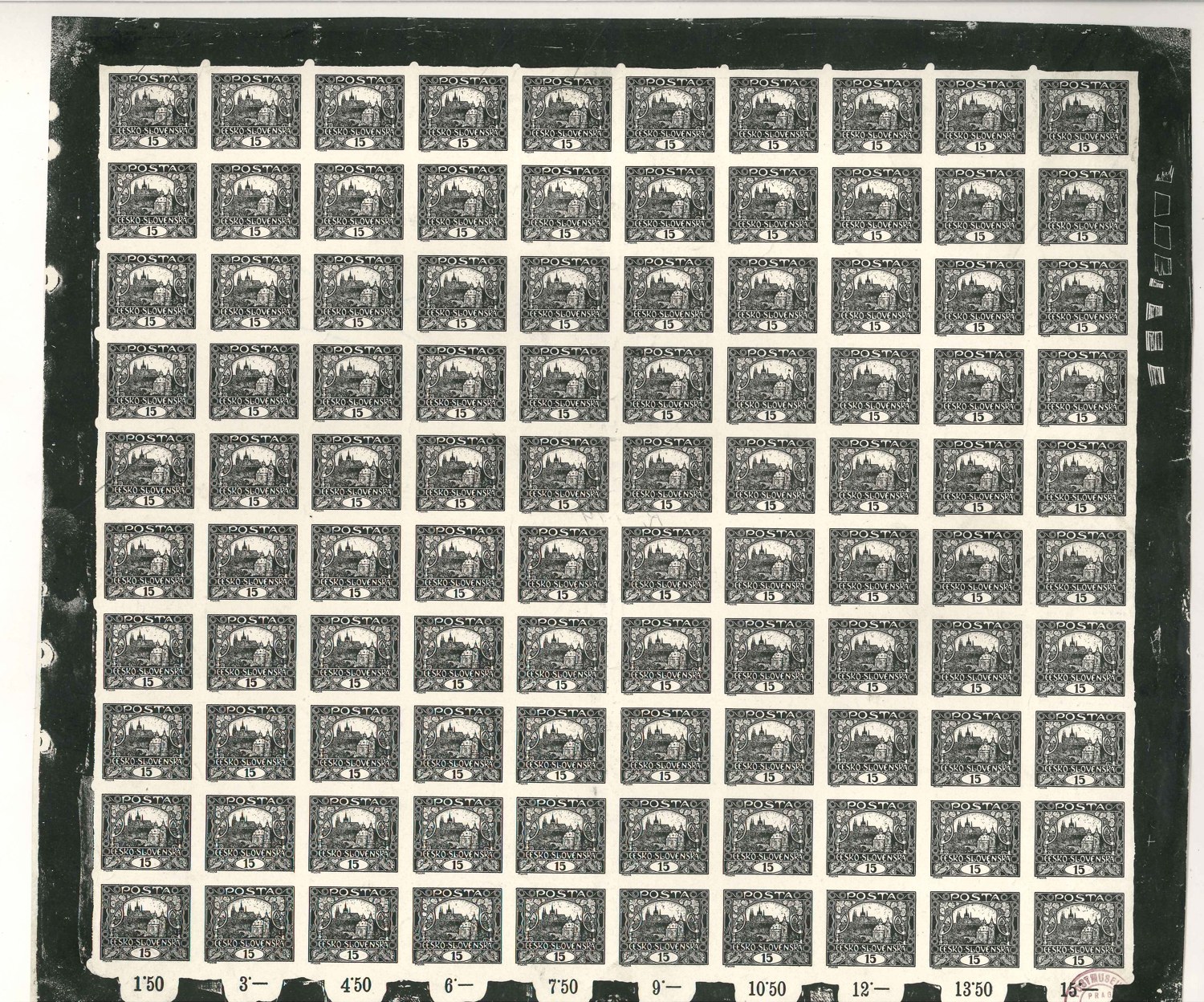 celý arch 15h v černé barvě, nezoubkovaný / a full pane of the 15h in black, imperforate