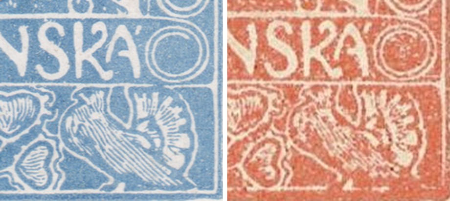 detail pravé holubice — zkušební tisk a produkce / detail of the right-hand dove — proof and production